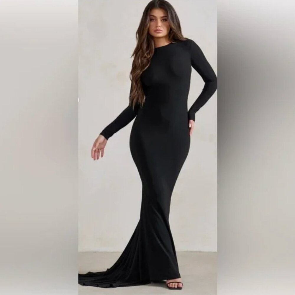 Club L London One Step Ahead Black Long Sleeve Fishtail Backless Maxi Dress